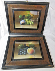 Antique Indiana Folk Art Fruit Still Life Paintings Pair Grapes Peach Framed