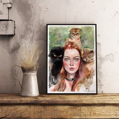 Original Watercolor Painting Woman and Cats Wall Art Cute Animal Wall Decor