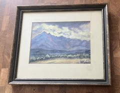 Framed Vintage Landscape Water Color Signed by Millie H., Mountains Clouds Birds