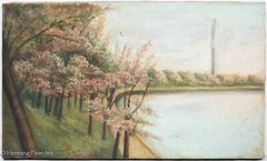 Beautiful Antique Oil Painting of Washington DC Tidal Basin with Cherry Blossoms