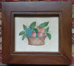 Framed Folk Art Signed Hand Painted Stencil Painting Colorful Fruit Basket