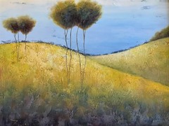 YELLOW FIELD WITH TREES OIL ON CANVAS FRAMED 23″ X 27″