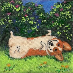 PRINT OF PAINTING PEMBROKE WELSH CORGI FOLK RYTA FLOWERS SPRING FUNNY DOG PET