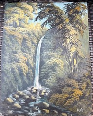 Antique Waterfall Oil Painting On Canvas Burlap Indonesian Rainforest Signed VTG