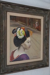 JAPANESE GEISHA GIRL OIL PAINTING ON CANVAS PERIOD FRAMED ARTIST HELEN SHARE