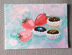 Strawberries Original Art Painting on Canvas 5 x 7 in.