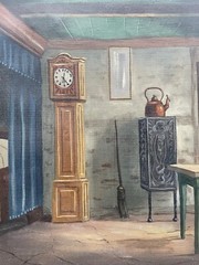 Oil Painting Farmhouse Interior Bed Grandfather Clock Oven Copper Cauldron Broom Table