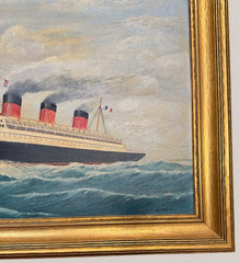 Vintage SS Ile De France Artist Original Oil Painting W. T. Olivea Wood Frame