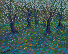 Paul Stephens – Framed Contemporary Oil, Blossom, Apple Orchard