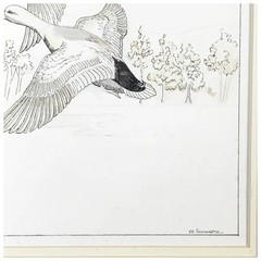 Ducks in Flight Original Ink and Watercolor Painting – Signed, Framed & Matted