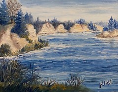 BLUE RIVER Original Oil Landscape Painting RIVER LAKE Trees Art BLUE WHITE Small