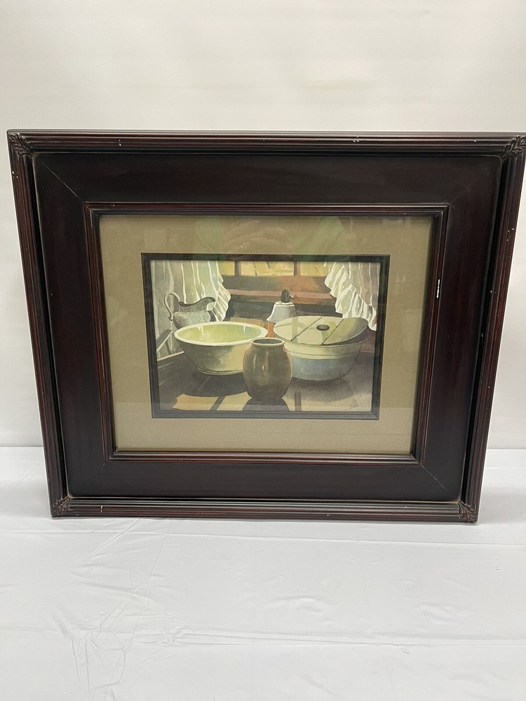 Vintage Painting Of Bowls And A Pitcher Background Of A Window. Still Life Print
