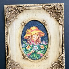 Pair Of Small Ornate Framed Paintings of Girl And Boy Yellow Hat Holding Flowers