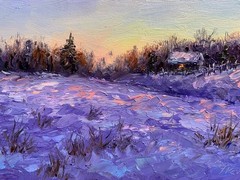 Original Miniature Oil Painting Winter Evening Snow Landscape 4×8 Signed