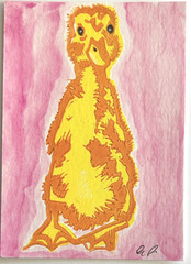 aceo original art by Emily Beck, linocut, watercolor, duckling 3, 3.5 x 2.5
