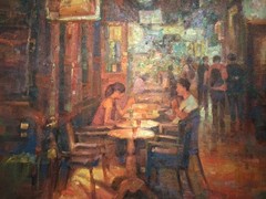 Asian Signed Oil Canvas Painting Market Scene Restaurant 23×19 2015