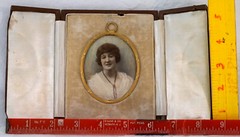 Miniature Lady Portrait Painting in Gilded Frame & Trifold Leather Display Case