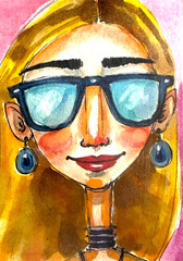 Original Fashion Portrait ACEO Painting Woman with Sunglasses OOAK Mini Art