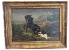 Antique Painting Oil Canvas Woman Frame Wood Nude Horse Decor Queen Brunehaut