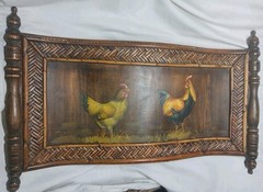 Vintage Original Chinese Roosters Painting on Wood and Bamboo Panel Unique 25×16
