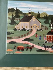 Virginia Young Folk Art Winter Holiday Framed Painting on wood with green frame￼