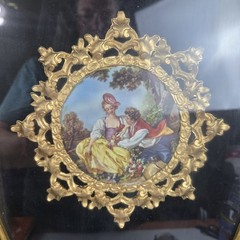 Vtg 26″ Gilt Shadow Box Frame Limoges Porcelain Painted Courting Couple Wall Art