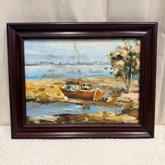 Impressionist Harbor Landscape Oil Painting with Docked Boat in Wood Frame