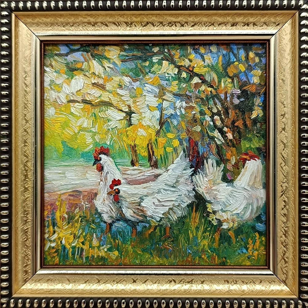 Hen original oil painting with signature framed farm animals 4×4 inches