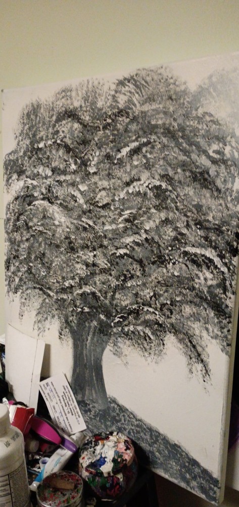 Black & White Tree Painting, Contemporary Nature Art, Framed Single Piece