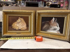 Two Real Oil On Canvas Paintings Art Signed Frames Feline Cat Kitty Wood Framed