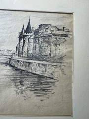 Dines Carlsen (1901 – 1966) „Palais de Justice From Pont Neuf“ Charcoal Drawing