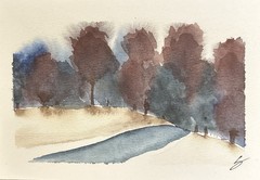 5”x7” Original Watercolor Print Riverside Blue Dawn Landscape By Sasha Lehto