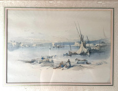 Antique Watercolor After David Roberts Coastal Harbor Boats Fishermen Framed
