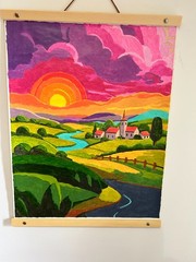 Colorful Farm in Acrylic painting- 16″ x 20″ -Wood and leather frame