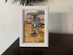 ORIGINAL OIL PAINTING TABBY CAT & MOUSE INDOOR SCENE SIGNED FRAMED 4×6
