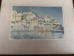 VTG Lot 2 Coastal Town Landscape Boats Scene Watercolor Painting – Signed/Framed
