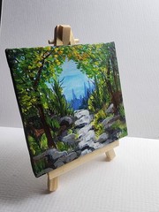 Original Acrylic waterfall painting Canvas with easel 4 x 4 Signed landscape