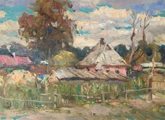 Oil painting Yard Ukrainian painter canvas Unframed original Decor landscape