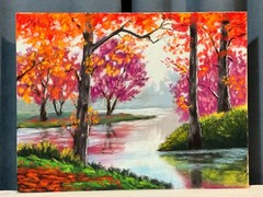 Original Soft Pastel Landscape Autumn Trees & Forest River Reflection 32.5x25cm