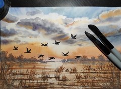 DUCKS FLY CLOUDY SKY Original Art Painting Landscape GEESE FLY Bob Ross Style A4