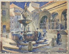 Original HENRI LAUSSUCQ ‚Chichiscastenango GUATEMALA Fountain Market PAINTING