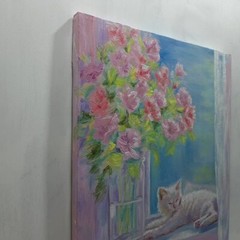 Cat Flowers Original Oil Hand Painted Signed Wall Art Decor Gift Ukraine Artist