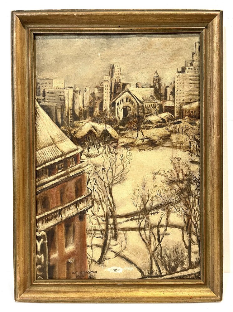 Vintage Landscape City Scene Painting On Canvas Framed Signed And Dated 1943