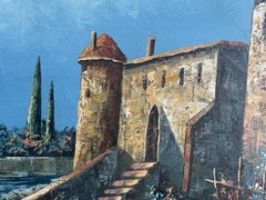 Antique ITALIAN LAKE LANDSCAPE VILLA SIGNED R.BURTON OIL PAINTING, Large 44”x32