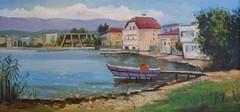 Landscape Oil Painting On Canvas „Spring morning near the lake“,40cmx85cm,Signed