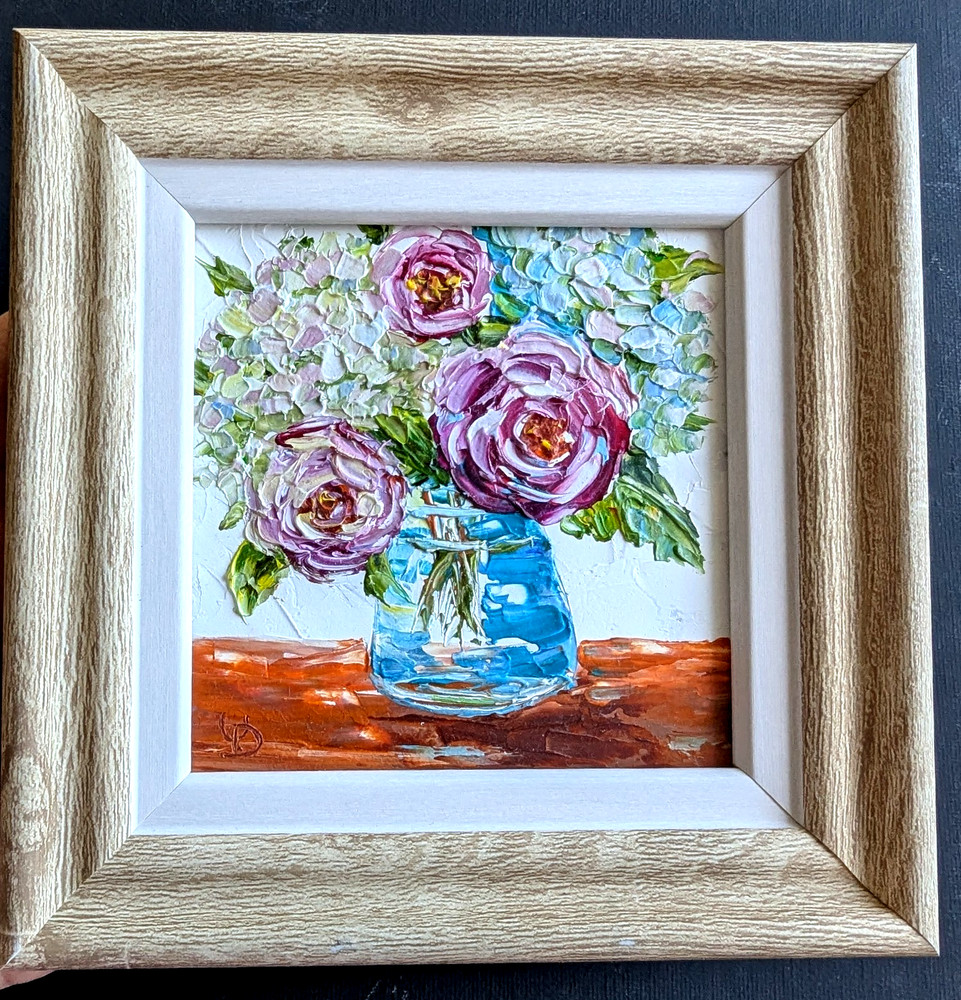 Hydrangea , Roses Original OIL Impasto PAINTING Impressionism , Framed
