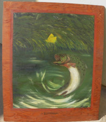 Trout jumping in stream fish painting 1939 Adirondack style Cabin Art fishing