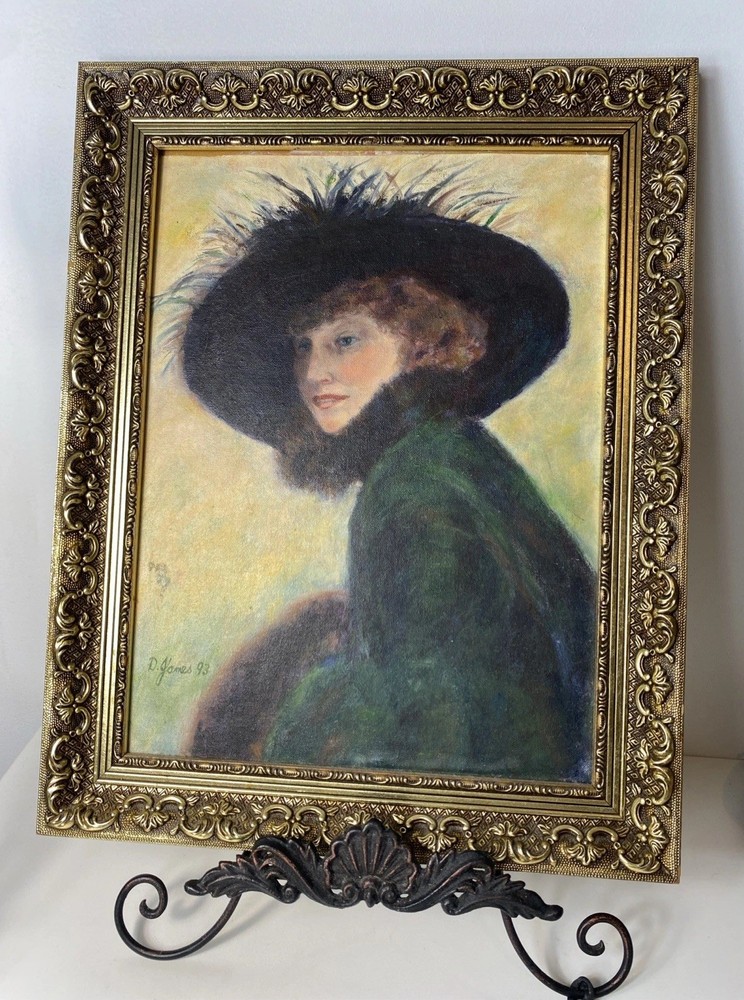 Vintage Doris James Oil Painting Portrait Lady In Hat Framed Impressionist Style