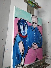 Original Man With Dog Painting Canvas Neo Expressionist Fine Art Decor 11×14