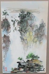 P. WONG CHINESE RIVER MOUNTAIN BOATS WATERCOLOR PAINTING